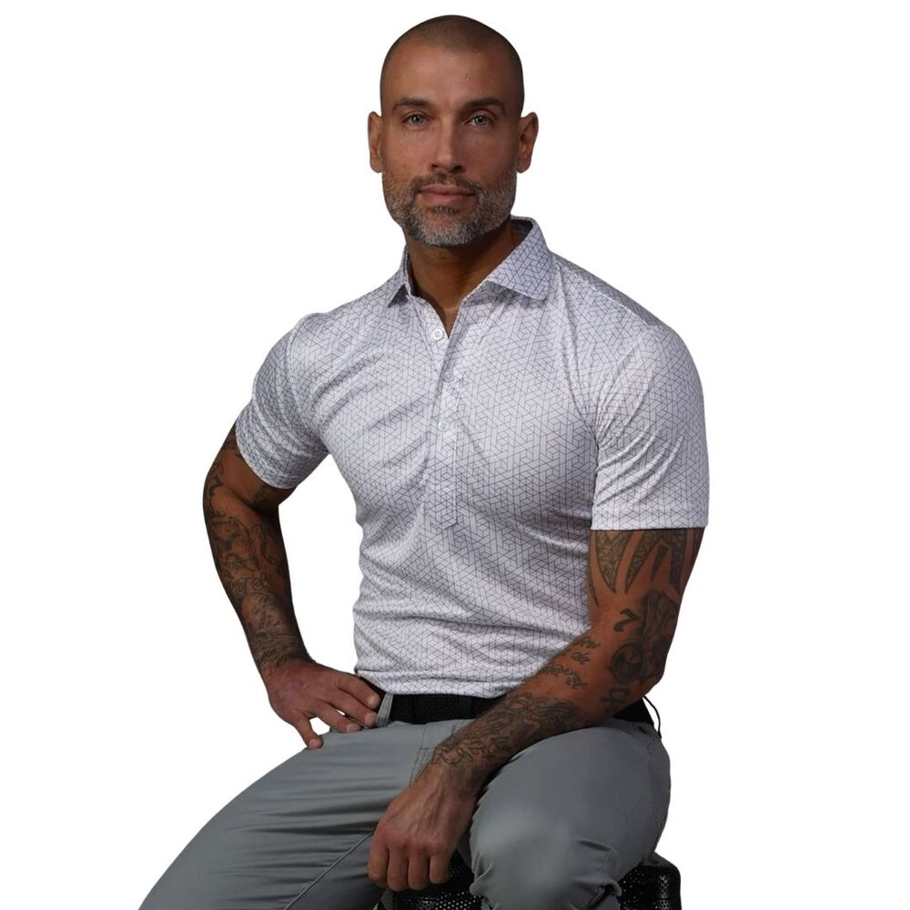 COLLARS & CO Mens Semi Spread Button Collar Polo White Geo Gray NWT Small